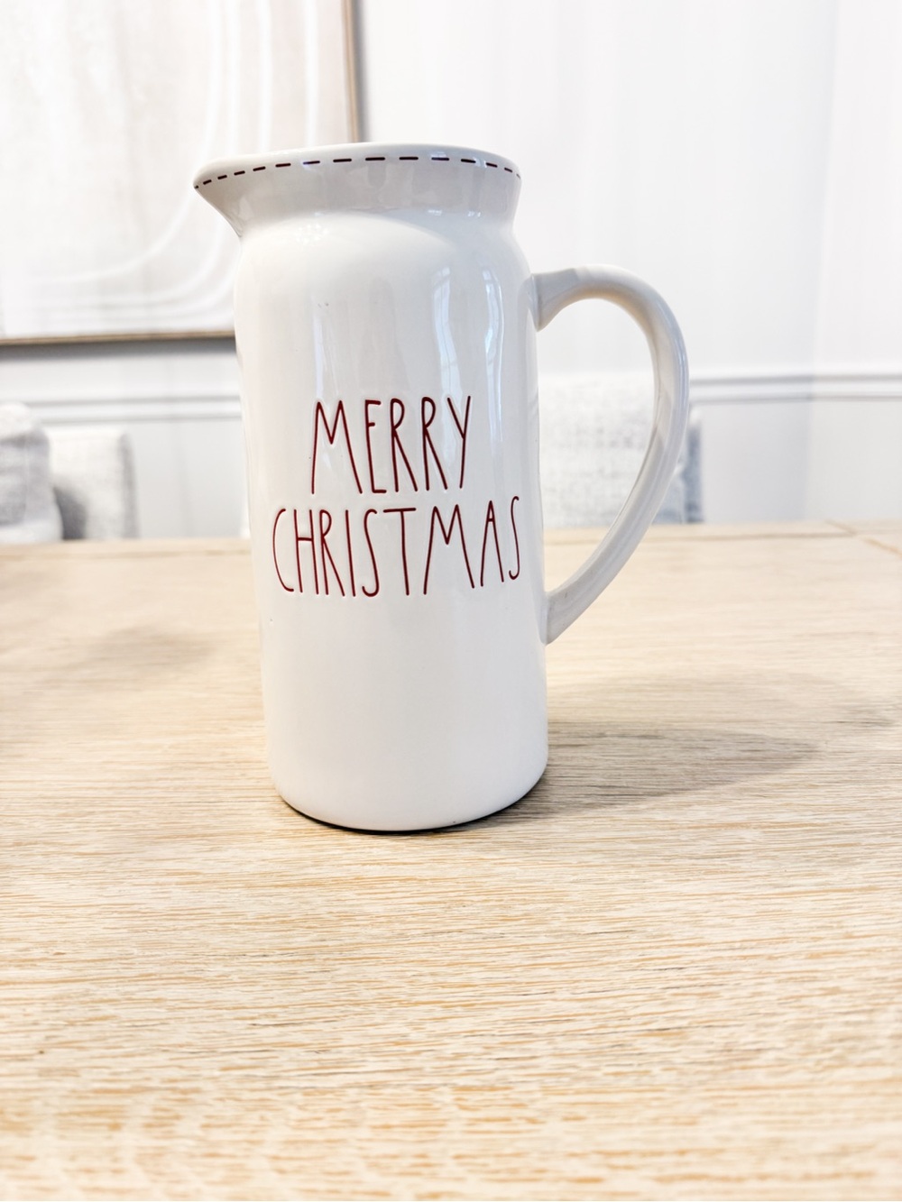 Rae Dunn MERRY CHRISTMAS Ceramic Pitcher Red Letter Christmas Holiday 9”